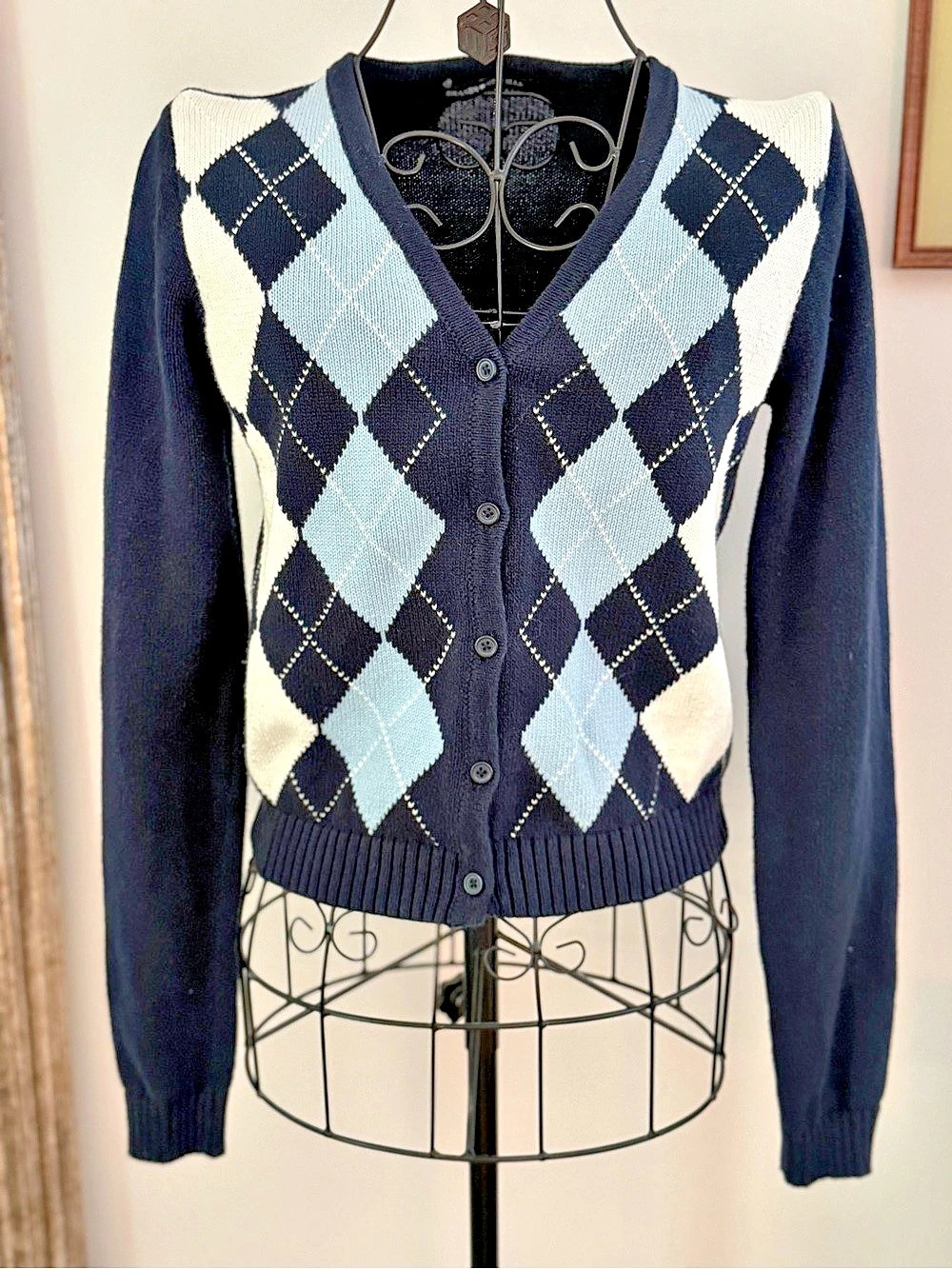 Brandy Melville Argyle Cardigan Sweater Navy Blue Cream Preppy 100% Cotton